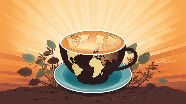 Photo une tasse de café avec la carte du monde vecteur prix 1 crédit usd 1