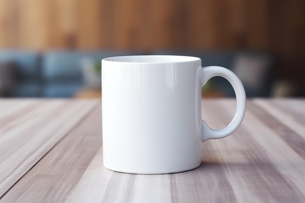 Une tasse de café en céramique blanche sur une table en bois.