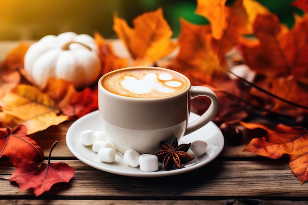 Tasse de café chaud ou de cacao frais avec des feuilles d'automne et une vue de dessus à carreaux à plat générée par l'IA