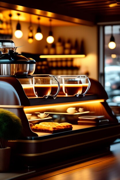 Une tasse de café chaud avec de la cannelle sur la soucoupe et des haricots sur réaliste