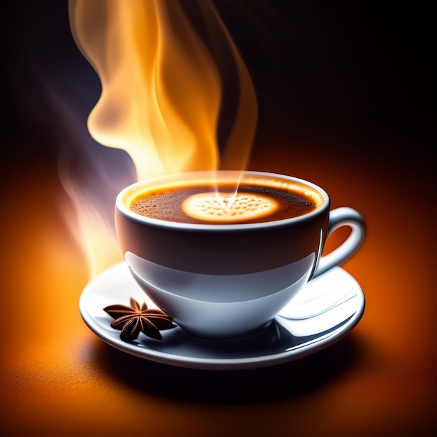 Une tasse de café chaud avec de la cannelle sur la soucoupe et des haricots sur réaliste