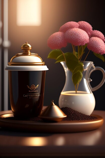 Tasse de café chaud avec cannelle sur soucoupe et haricots réalistes