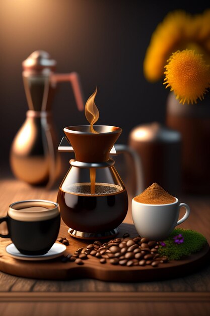 Tasse de café chaud avec cannelle sur soucoupe et haricots réalistes