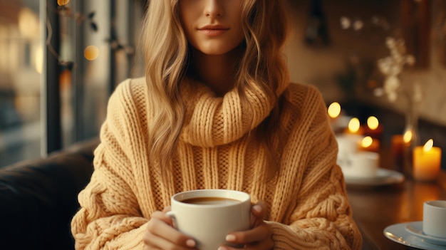 Photo une tasse de café chaud dans les mains d'une jeune femme dans un pull chaud et confortable
