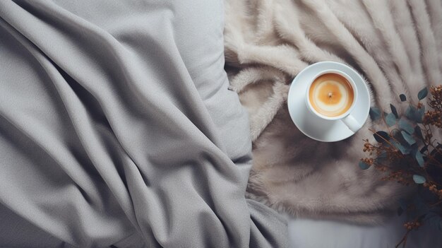 une tasse de café chaud et une écharpe blanche sur le dessus