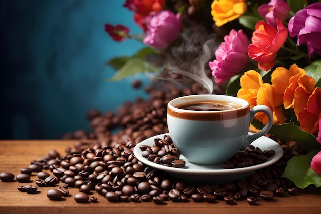 une tasse de café chaud entourée de grains de café torréfiés et de feuilles fraîches