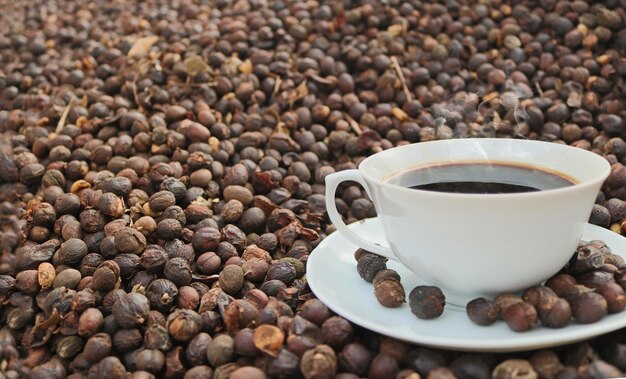 Tasse de café chaud sur grain de café séché, grain de café torréfié en arrière-plan, mise au point sélective. Image conceptuelle.