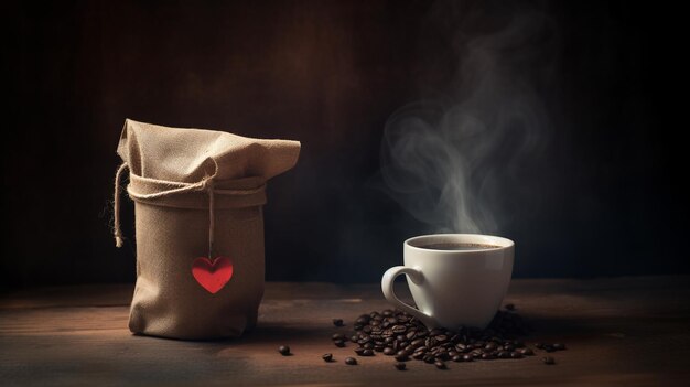 Une tasse de café chaud et des grains de café sur un fond rustique sombre Copier l'espace IA générative