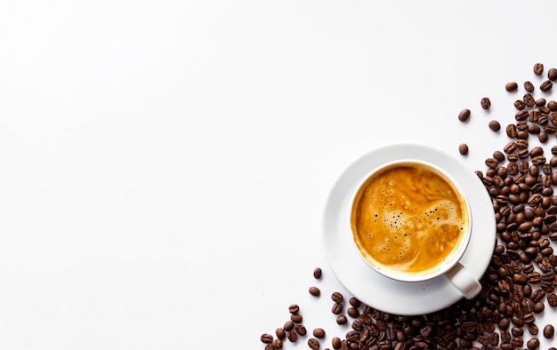 Une tasse de café chaud et des haricots sur un fond blanc