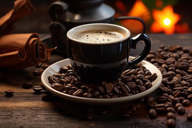 Tasse de café chaud avec de la mousse et des grains de café servis sur la table en bois du café