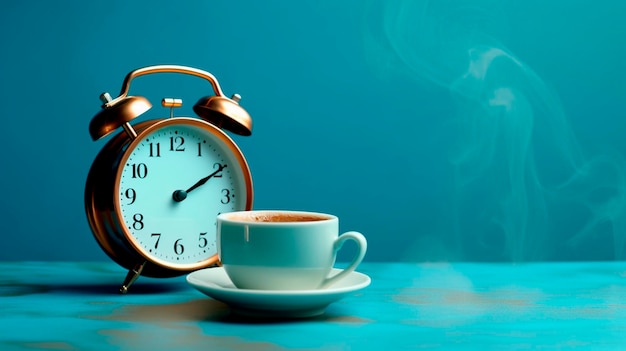 Photo tasse de café chaud avec un réveil sur fond bleu generative ai