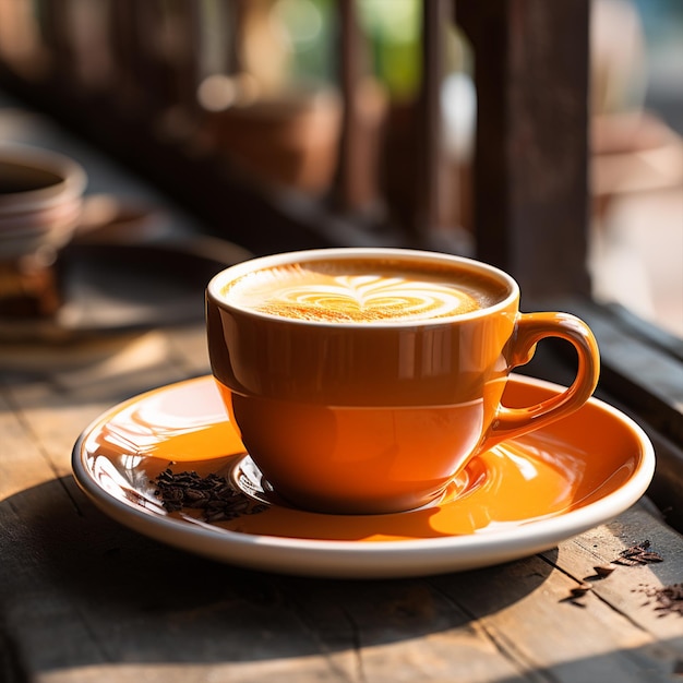 Tasse de café chaud et savoureux sur une table en bois orange, vue rapprochée