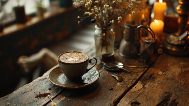 Une tasse de café chaud sur une table en bois confortable