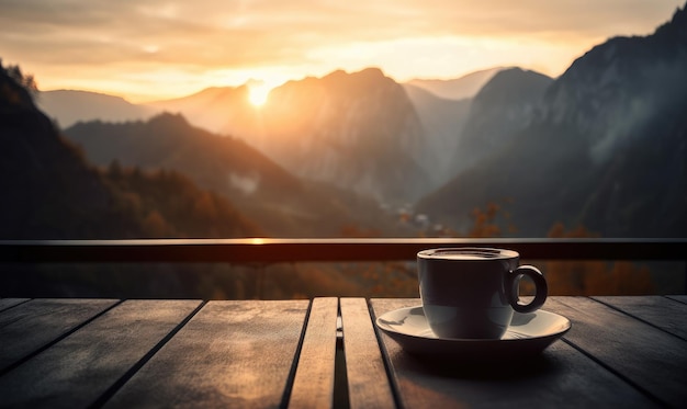 Une tasse de café chaud sur une table en bois sur le fond du lever du soleil et des montagnes générative AI