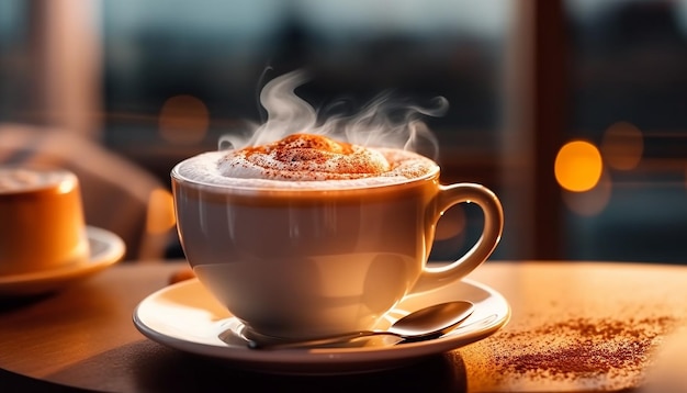 Une tasse de café chaud sur une table en bois avec de la mousse de lait mousseuse générée par l'IA
