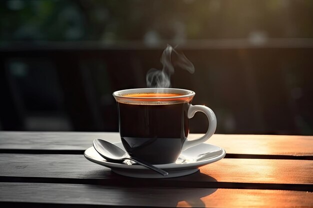 Une tasse de café chaud sur la table pendant le camping