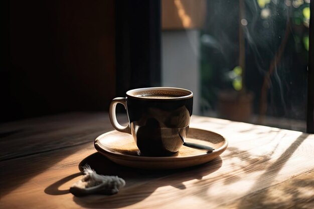 Une tasse de café chaud sur la table pendant le camping