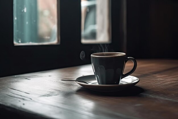 Une tasse de café chaud sur la table pendant le camping