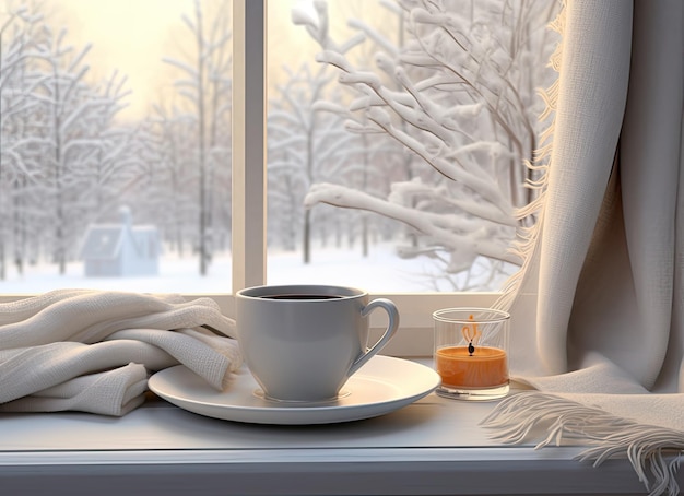 une tasse de café chaud à la vapeur est nichée à côté d'une plaque douce et accueillante sur le rebord de la fenêtre vintage