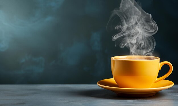 Une tasse de café chaud à la vapeur sur un fond bleu pastel Des couleurs rétro vives avec un espace de copie