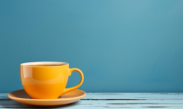 Une tasse de café chaud à la vapeur sur un fond bleu pastel Des couleurs rétro vives avec un espace de copie