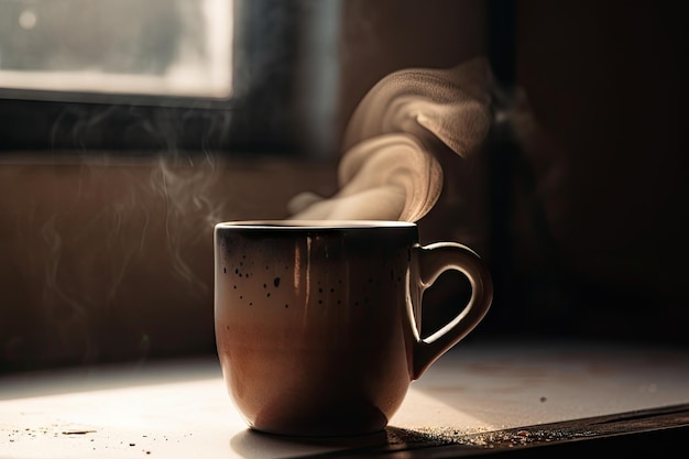 Tasse de café chaud avec de la vapeur s'élevant du haut et une tasse en céramique en vue créée avec une IA générative