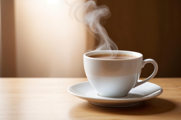 Une tasse de café chaud à la vapeur sur une table en bois crée une atmosphère chaleureuse et accueillante