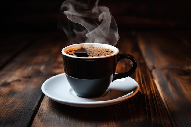 Une tasse de café chaud à la vapeur sur une table en bois à la cuisine