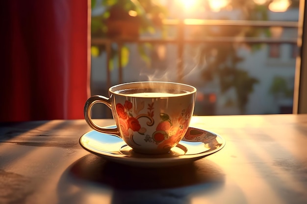 Une tasse de café chaud à la vapeur sur une table en bois.