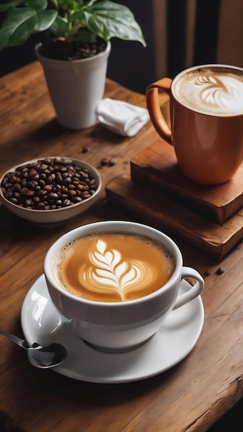 Une tasse de café chaude sur une table en bois