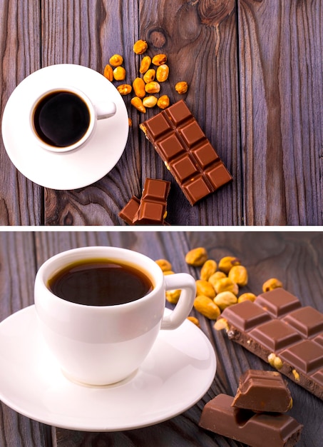 Tasse de café et de chocolat aux noix sur une surface en bois