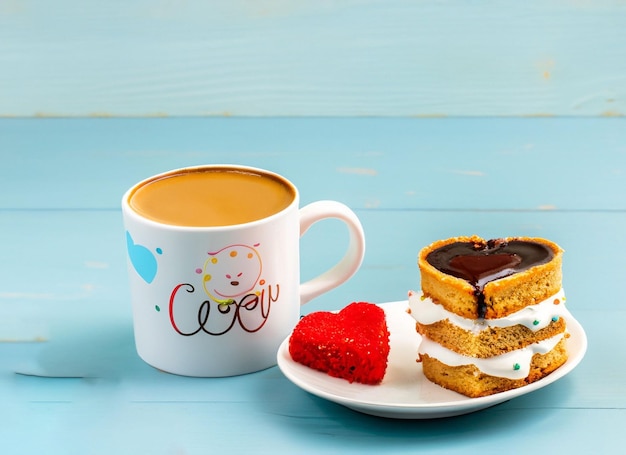 tasse de café avec un coeur sur une assiette avec un gâteau