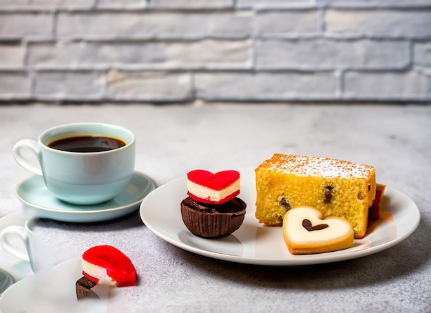 tasse de café avec un coeur sur une assiette avec un gâteau