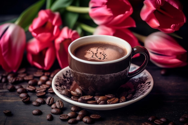 Une tasse de café avec un cœur sur le bord et une fleur sur le fond.