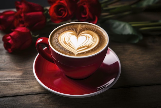 Une tasse de café avec un cœur, une tasse de cafè avec une rose rouge, une tasses de café.