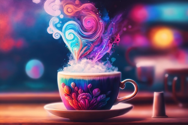 Une tasse de café colorée avec une pincée de liquide qui y est versée.