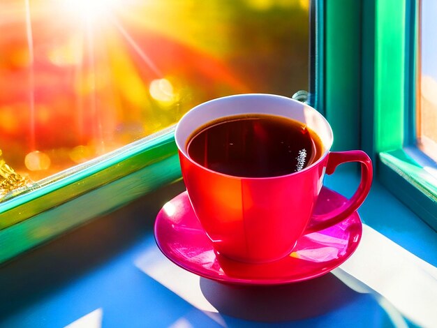 tasse de café colorée remplie de grains de café rouge et vert vif se trouve sur un rebord de fenêtre ensoleillé im