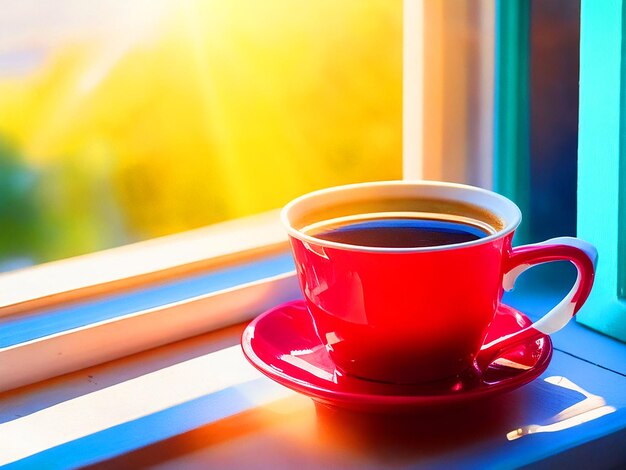 tasse de café colorée remplie de grains de café rouge et vert vif se trouve sur un rebord de fenêtre ensoleillé im