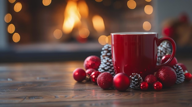 Une tasse de café à côté de l'arbre de Noël