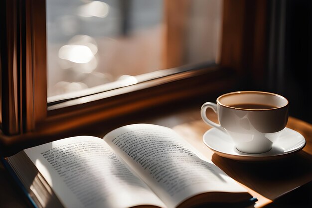 Une tasse de café à côté d'un livre ouvert