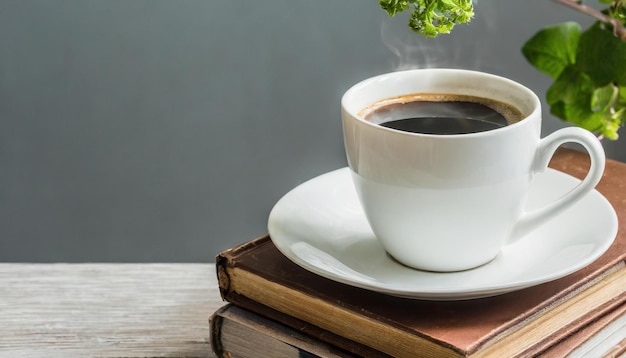 Une tasse de café à côté d'un livre sur une table