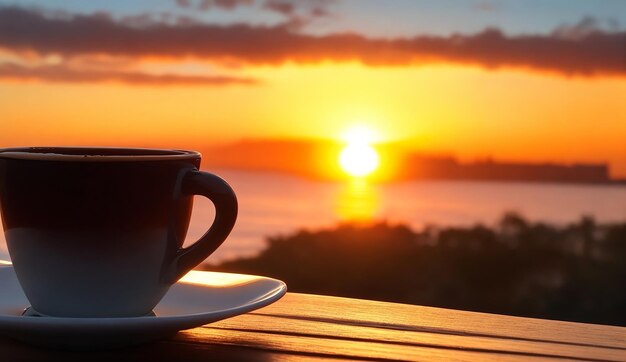 Une tasse de café avec un coucher de soleil en arrière-plan