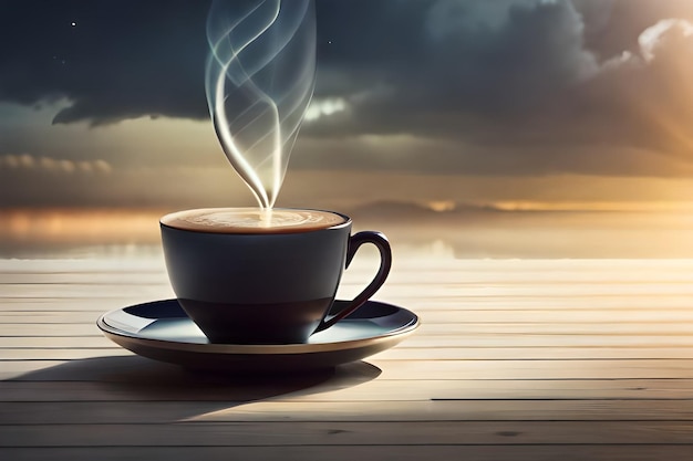 Une tasse de café avec un coucher de soleil en arrière-plan