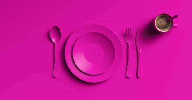 Tasse de café avec couteau à fourchette violet et vue de dessus de cuillère Vaisselle en céramique transparente avec design de couverts Vaisselle de table violette vide pour le déjeuner ou le dîner dans l'espace de copie du café pour votre texte individuel
