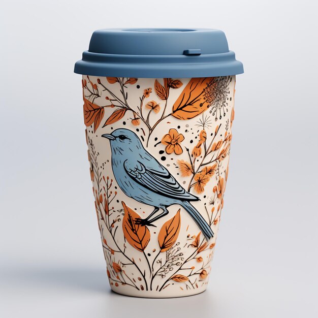 une tasse de café avec un couvercle bleu