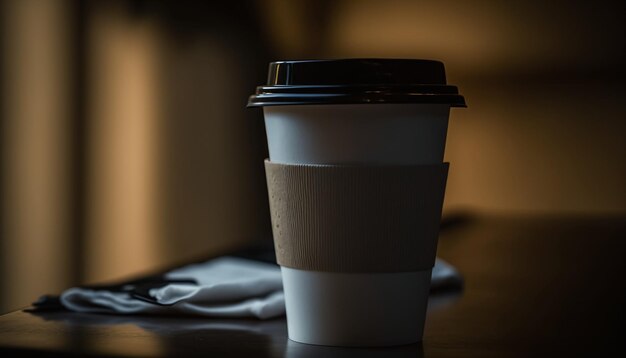 Une tasse à café avec un couvercle est posée sur une table.