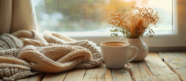 Photo une tasse de café et une couverture sur le seuil de la fenêtre