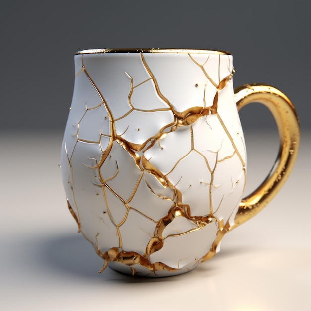 Tasse à café craquelée avec des pièces en métal doré, conception unique de style Zbrush