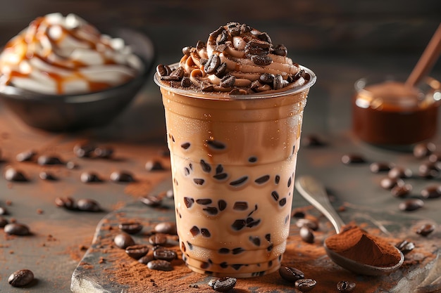 Une tasse de café avec de la crème fouettée et des chips de chocolat sur une table avec des grains de café et une cuillère avec