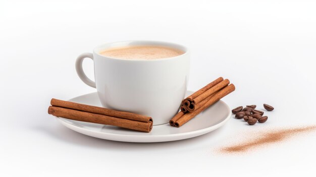 une tasse de café crémeux avec de la cannelle, des bâtonnets de café sur un fond blanc